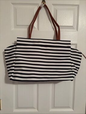 DSW Striped Black & White Tote Bag with Brown Handles